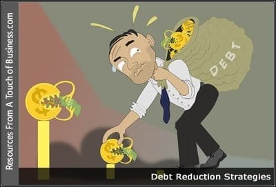 a cartoon of a man holding a heavy bag of with debt written on it