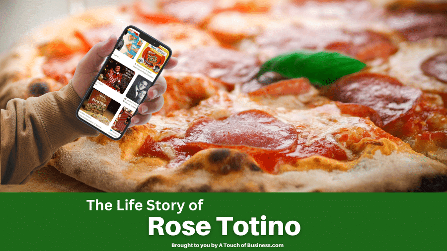 Collage of Rose Totino and a pizza in the background.