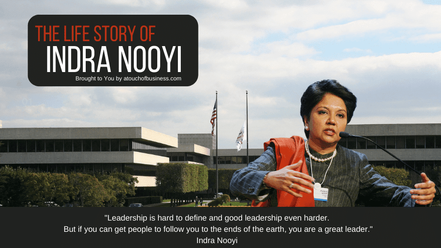 Indra Nooyi with the headquarters of Pepsi in the background