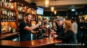 A busy Irish pub bartender pours a dark stout for patrons at a warm mahogany bar counter, capturing a lively atmosphere.