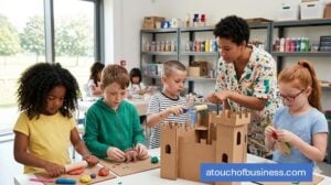 A diverse group of children work on clay modeling, cardboard painting, and sewing in a bright craft workshop.