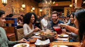 Friends dining in a busy mexican restaurant