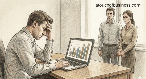 Realistic colored pencil drawing of a frustrated man at a laptop with a chart, while two colleagues observe from behind.