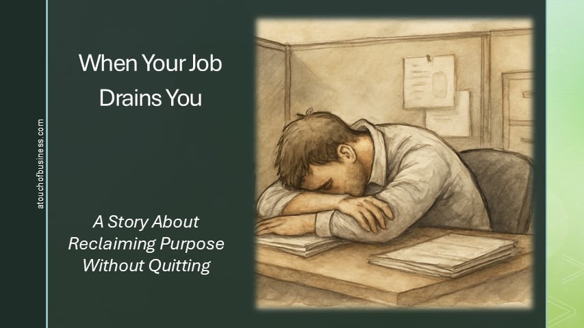 Sketch of a man slumped at his desk in a cubicle, showing work-related stress.