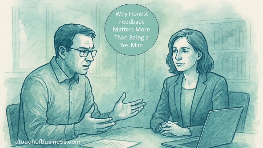 Watercolor sketch of two professionals discussing ideas in a calm office setting.