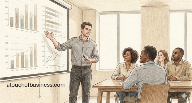Realistic colored pencil drawing of a man presenting data charts to a diverse professional group in a modern office.