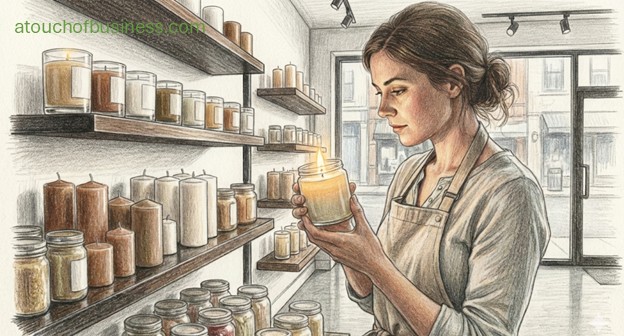 Woman in apron examining a lit jar candle in a candle shop, realistic colored pencil drawing, muted colors.