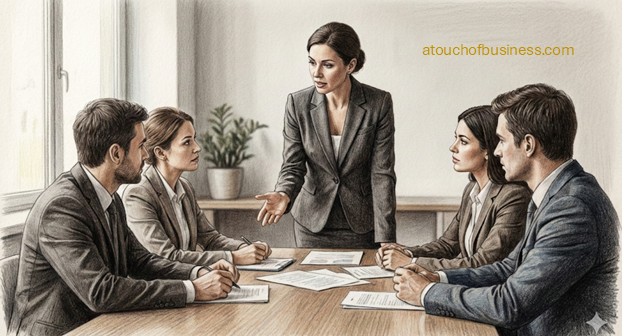 Realistic colored pencil drawing of a woman leading a business meeting with colleagues in a professional office setting.