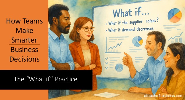 Diverse team collaborates around a whiteboard with charts and “What if” questions in a watercolor.