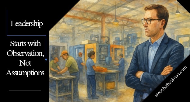 New VP observing factory workers on the production floor in a realistic watercolor style.