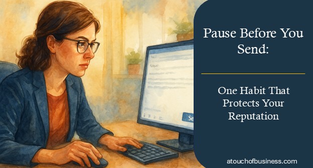 Watercolor illustration of a woman pausing before sending an email at her desk.