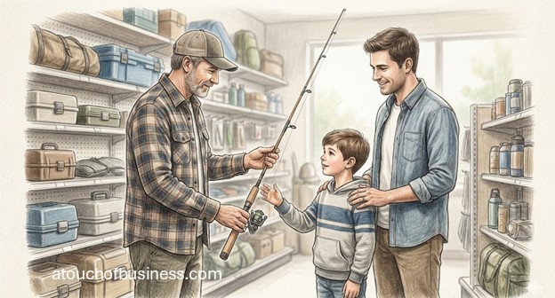 Realistic colored pencil drawing of a man handing a fishing rod to a young boy in an outdoor equipment store.