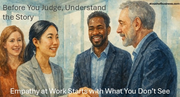 Watercolor illustration of diverse coworkers sharing a warm, empathetic moment in a modern office setting.