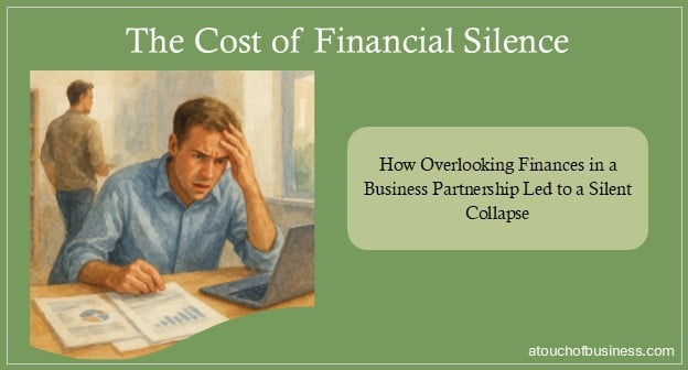 Concerned business partner reviewing finances while the other walks away in a shared office.