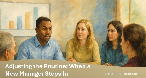 Watercolor illustration of a new manager leading a team huddle at a credit union, with staff seated around a meeting table.