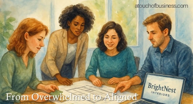 Watercolor illustration of a design team reviewing eco-friendly materials and digital renovation plans.