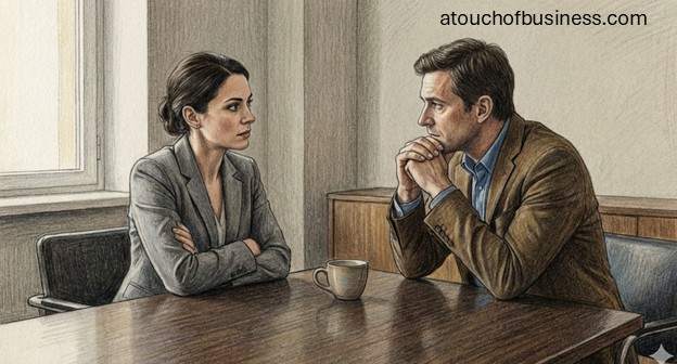 Muted colored pencil drawing of a man and woman in a serious, tense professional discussion at an office table.