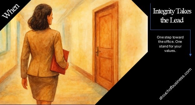 Watercolor of professional woman walking confidently toward office door.