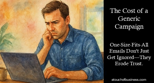 Watercolor of a small business owner looking concerned while reading an email on a laptop.