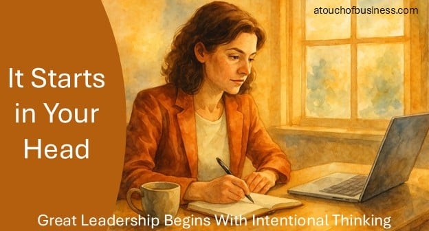 Watercolor of a calm woman working at her desk in morning light.