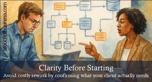 A data engineer and client collaborating in front of a flowchart during a project rebuild session.