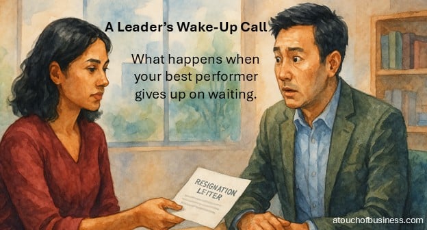 Watercolor image of a woman calmly handing a resignation letter to a surprised manager during a tense office meeting.