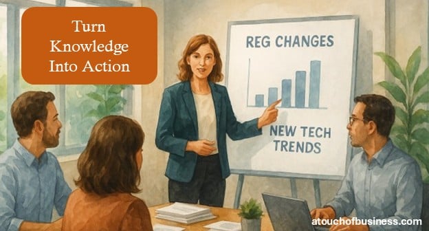 Team meeting with leader presenting regulatory and tech trends on whiteboard.
