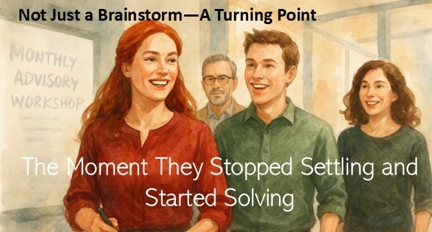 Team walking out of a meeting room smiling after a successful brainstorming session, watercolor style.