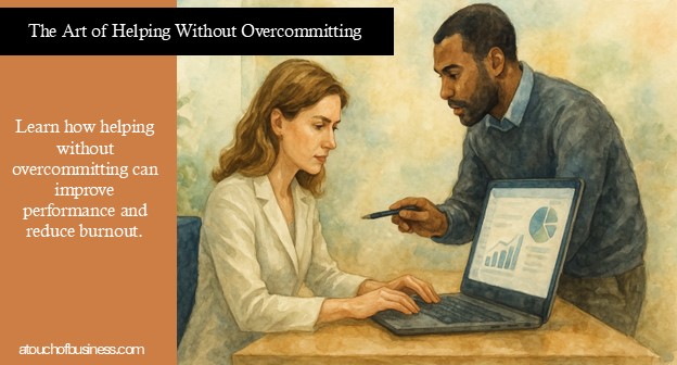 Watercolor of two coworkers collaborating at a desk.