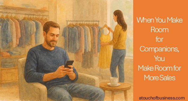 Watercolor illustration of a man relaxing in a boutique lounge area while a woman shops for clothes nearby.