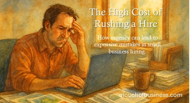 Watercolor of a stressed small business owner working at a cluttered desk in warm afternoon light.