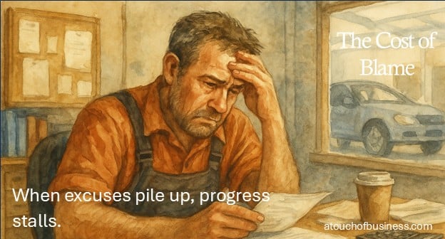 Watercolor painting of a small business auto shop owner stressed at his cluttered desk reviewing bills and reports.