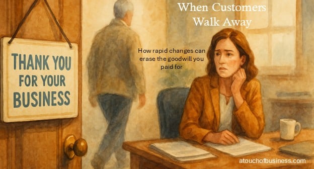 Watercolor painting of a client walking out of an office as the owner watches with concern.