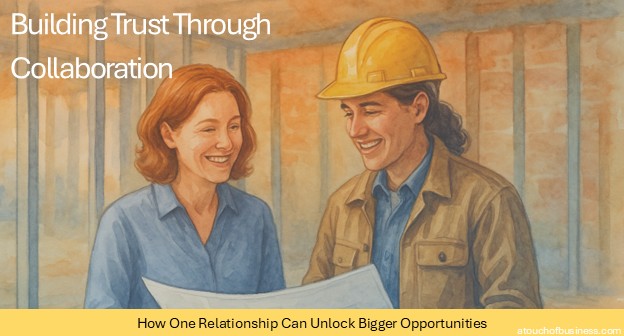 Watercolor illustration of a contractor showing blueprints to a client at a construction site, symbolizing trust and collaboration.