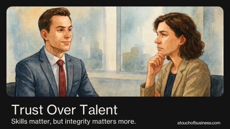 Watercolor illustration of a job interview showing a polished candidate and a cautious interviewer noticing red flags.