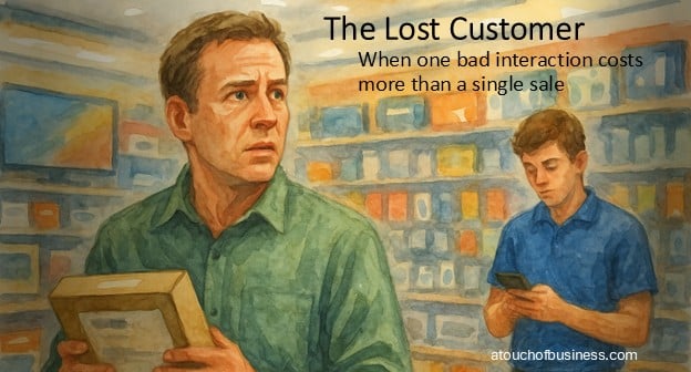 Watercolor illustration of a confused customer in an electronics store holding a product box while a distracted sales associate checks his phone.