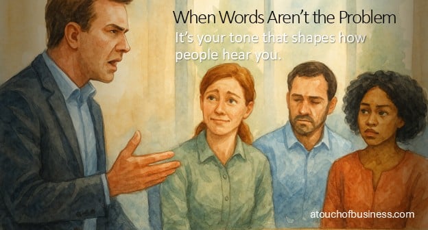 Watercolor of a manager speaking with employees showing discomfort through nervous expressions and body language in a meeting.