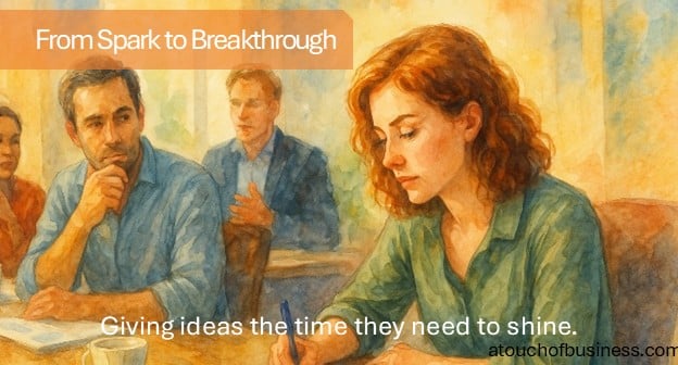 Watercolor of a woman pausing to think during a team meeting in a sunlit office.