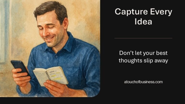 Watercolor of a man smiling while reviewing notes on his phone and notebook.