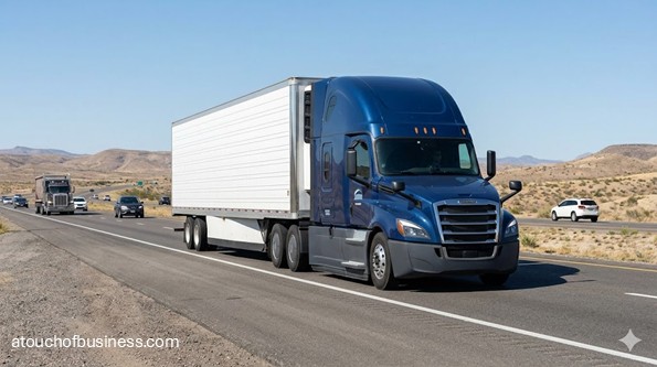 Modern semi-truck and trailer driving on a highway during the daytime.