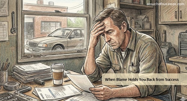 A realistic colored pencil drawing showing a stressed auto repair shop owner leaning at a cluttered desk and reading a document, with a car parked outside the window.
