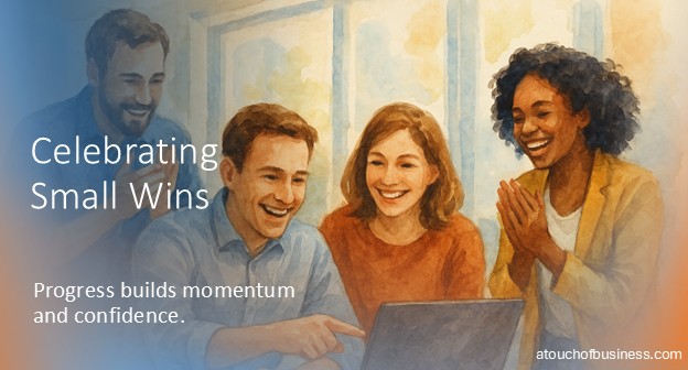 Watercolor painting of coworkers smiling and clapping around a laptop, celebrating a small business win.