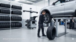 Modern tire shop technician uses impact wrench to change tire on elevated silver SUV.
