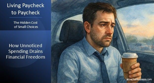 Watercolor painting of a tired office worker in a car holding coffee, early morning scene.