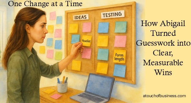 Watercolor illustration of Abigail moving a sticky note labeled "Headline" to a testing board in her home office.