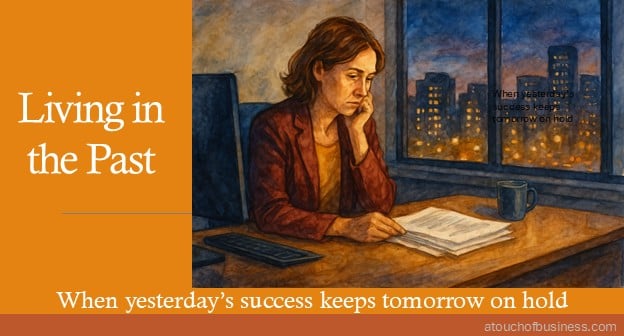 Watercolor of a manager alone in an office at night, staring at old documents with city lights outside the window.