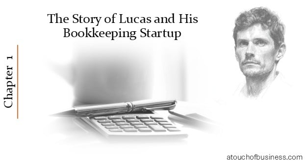 Chapter 1 – Lucas Bookkeeping Startup Story cover with laptop and calculator.