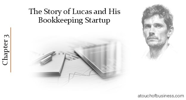 Chapter 3 – Lucas Bookkeeping Startup Story cover with ledger and pen.