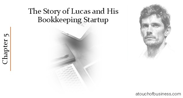 Chapter 5 – Lucas Bookkeeping Startup Story cover with calculator and receipts.
