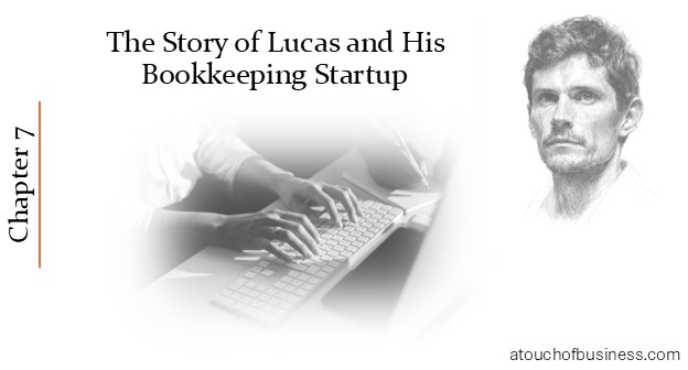 Chapter 7 – Lucas Bookkeeping Startup Story cover with keyboard and typing hands.